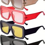 4 count Rectangle Fashion Glasses for Women, Trendy Retro 90s Vintage Oversize Square Frame, Plastic Lens, Metal Frame, with Case, for Sun Protection