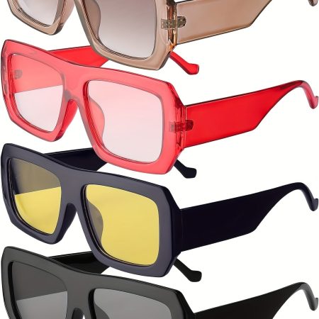 4 count Rectangle Fashion Glasses for Women, Trendy Retro 90s Vintage Oversize Square Frame, Plastic Lens, Metal Frame, with Case, for Sun Protection
